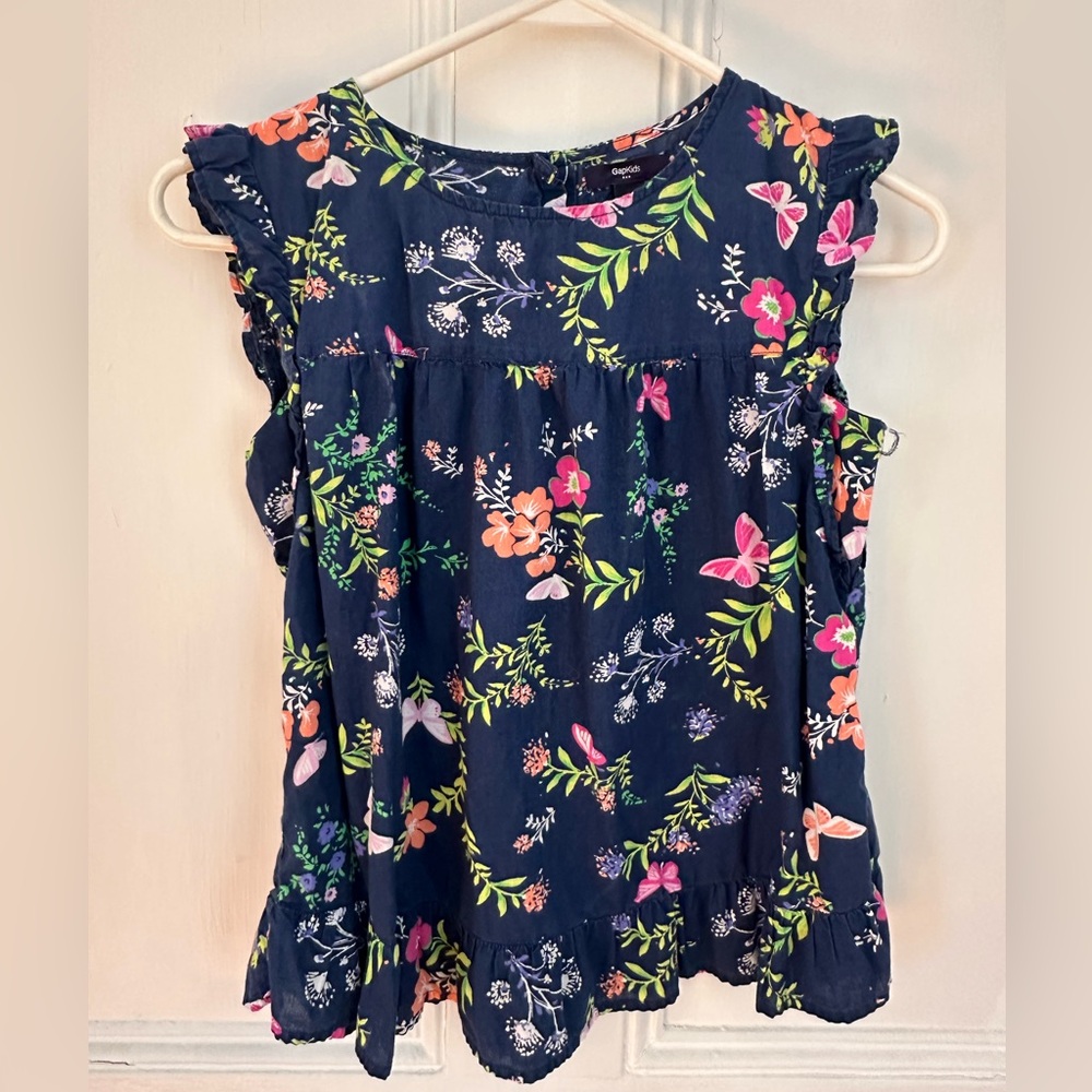 GAP Navy Floral Blouse with Pink and Green Accents
